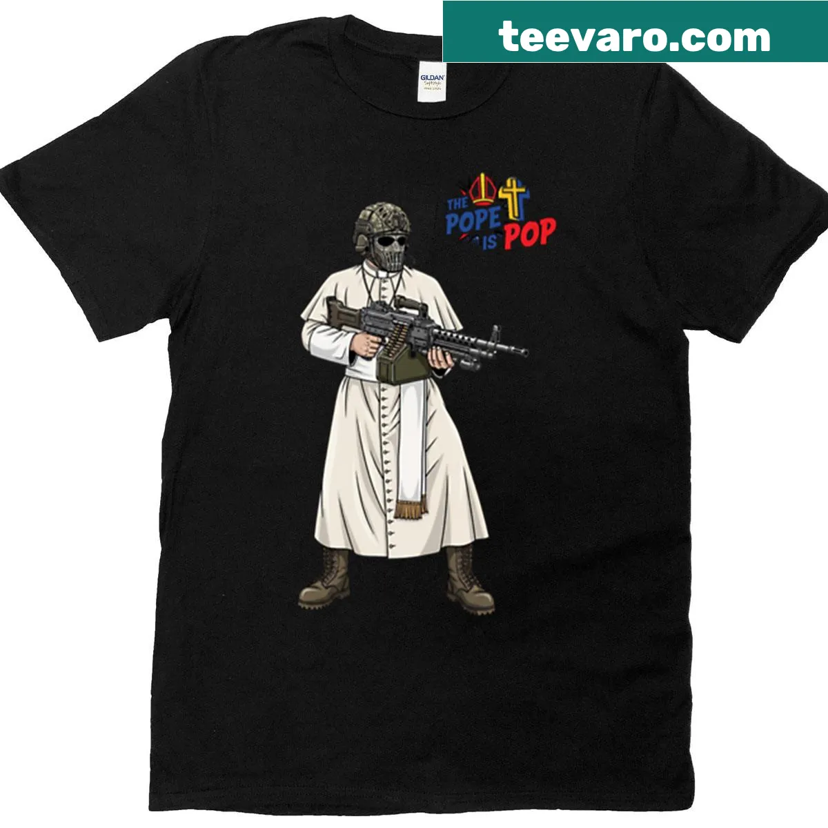 Oversized t-shirt featuring playful Pope and Rambo graphic — on a men's t-shirt