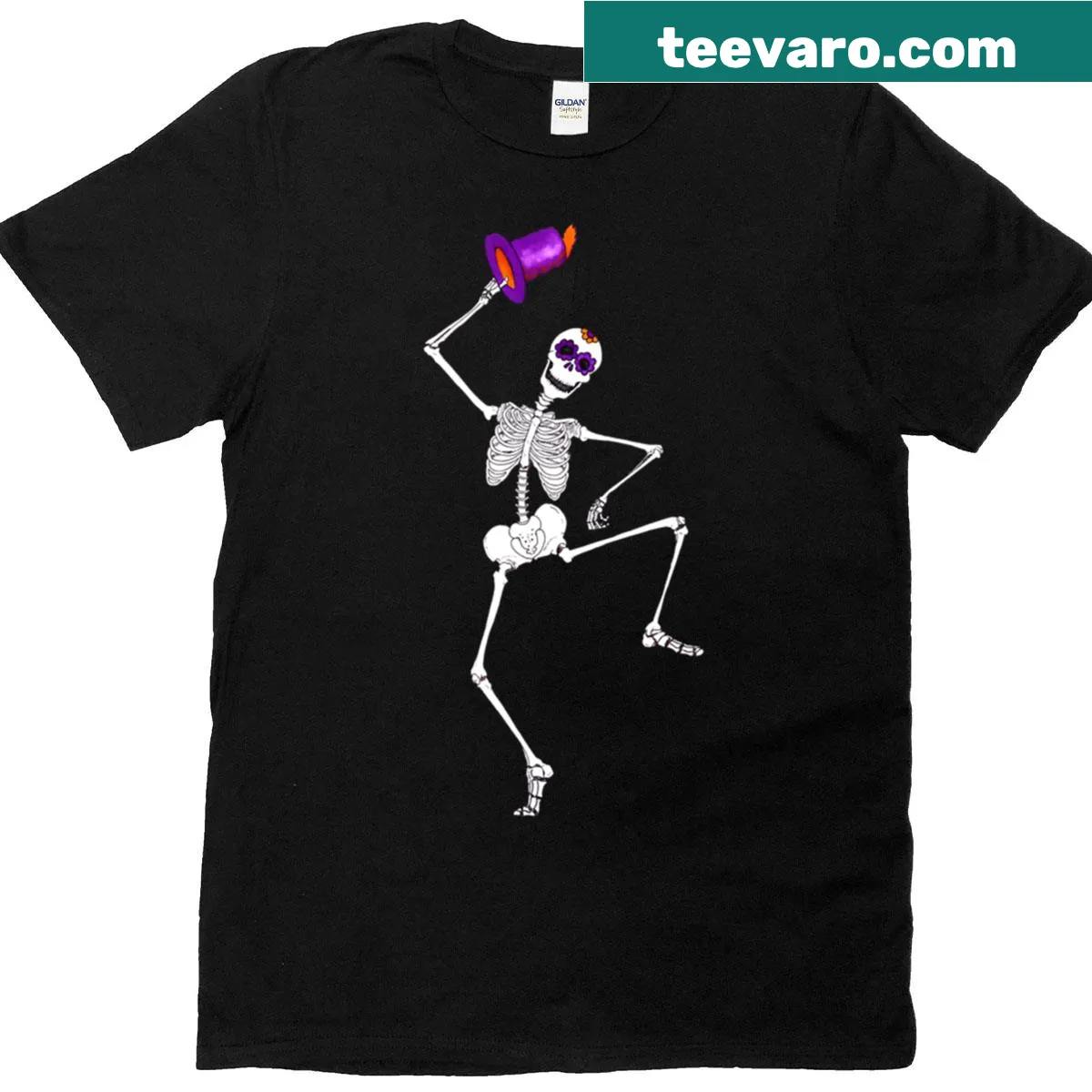 Dancing skeleton design on a spooky T-shirt with a voodoo theme — on a men's t-shirt