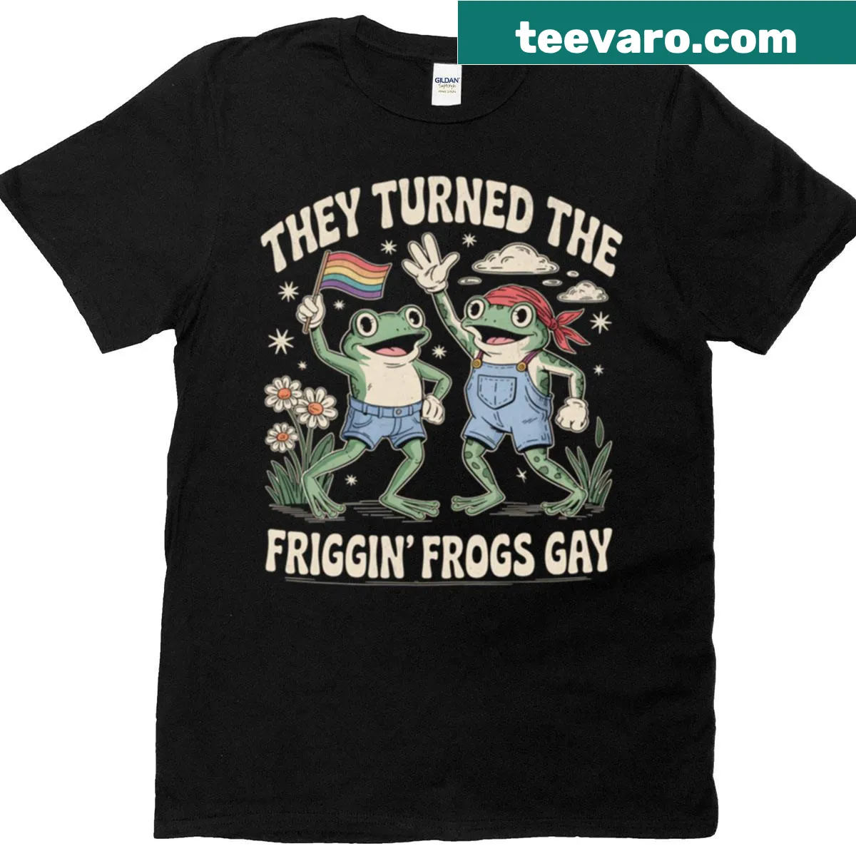Text design of 'They Turned The Frogs Gay' on a t-shirt — on a men's t-shirt