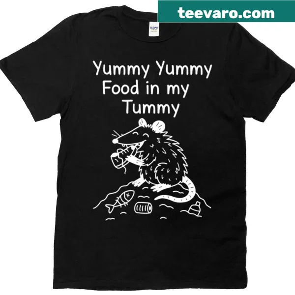 Cartoon opossum doodle print on a T-shirt with food theme.