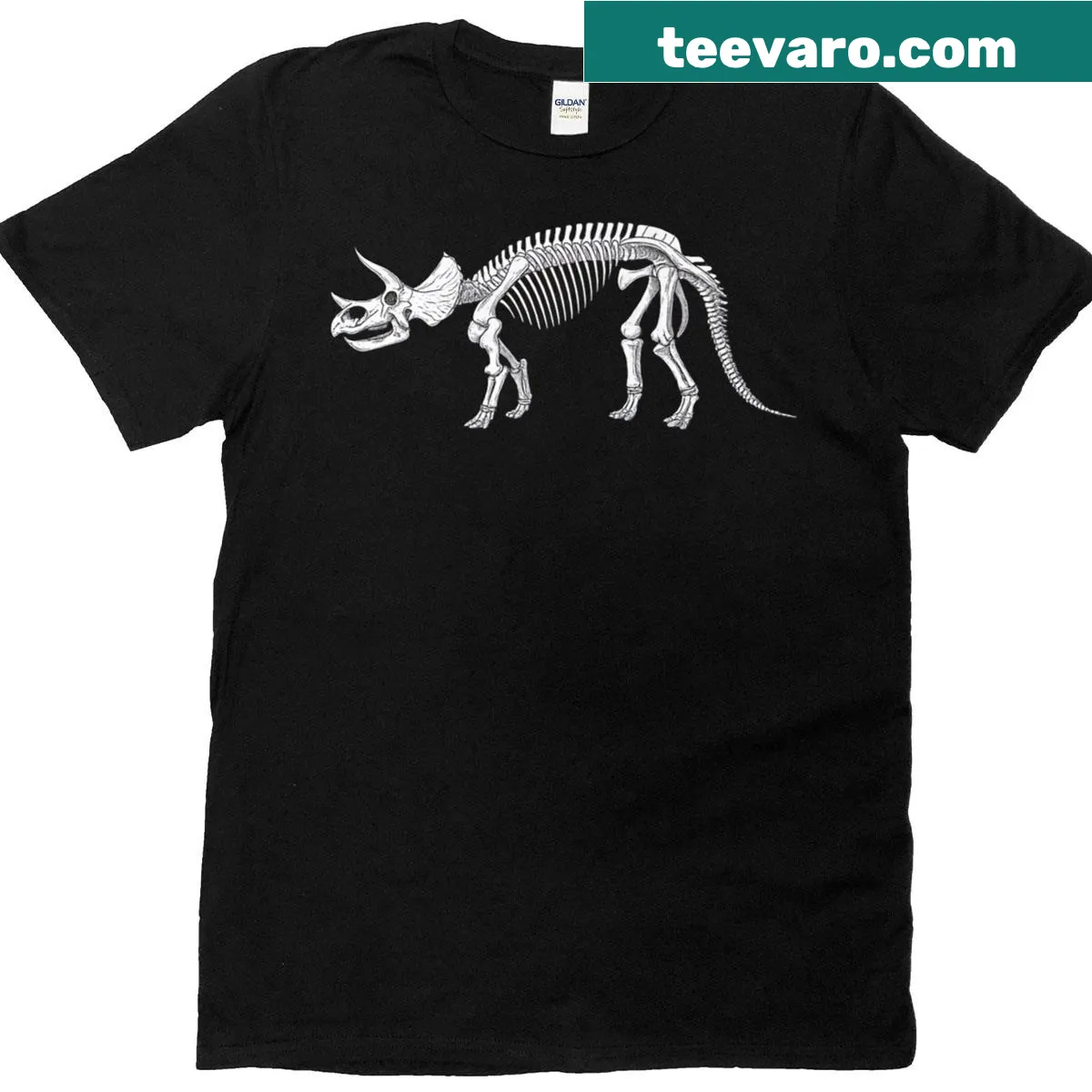 Vintage-style T-shirt featuring a triceratops skeleton illustration. — on a men's t-shirt