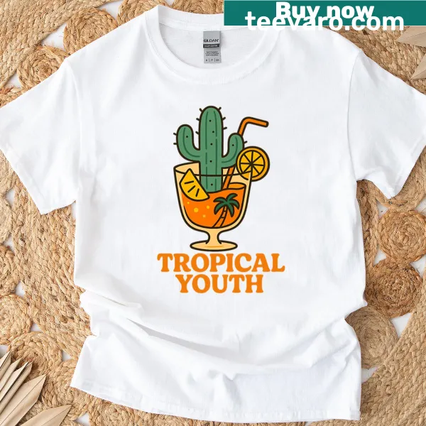 Playful cactus and cocktail graphic on a summer-themed t-shirt for kids
