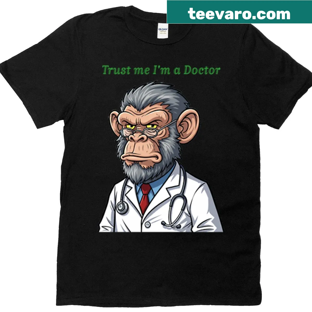 Cartoon monkey with 'Trust Me, I'm A Doctor' phrase on a t-shirt — on a men's t-shirt
