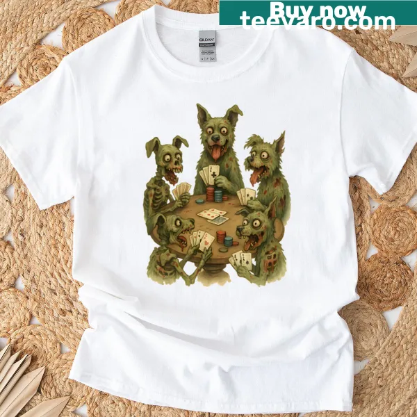 Cartoon undead dogs playing poker on a humorous t-shirt