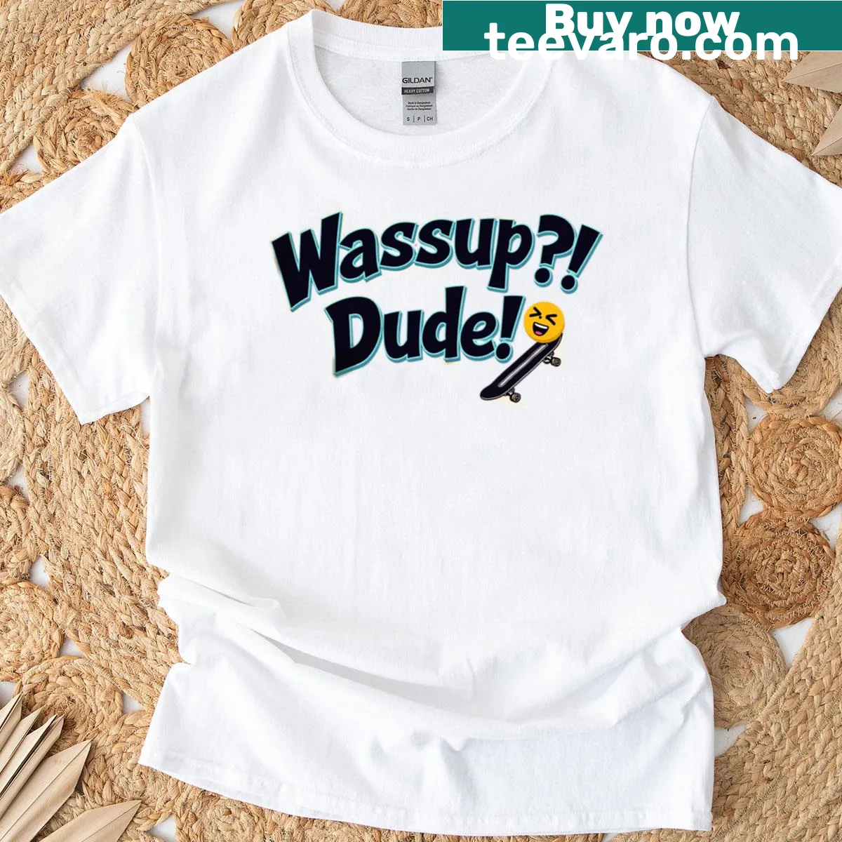 Retro t-shirt with 'Wassup Dude' skater slang design — on a men's t-shirt
