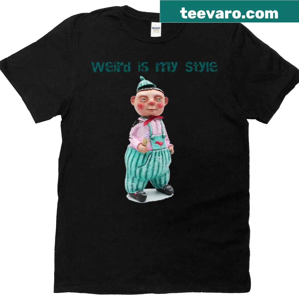 Whimsical doll with ice cream design and quote on oversized tee — on a men's t-shirt