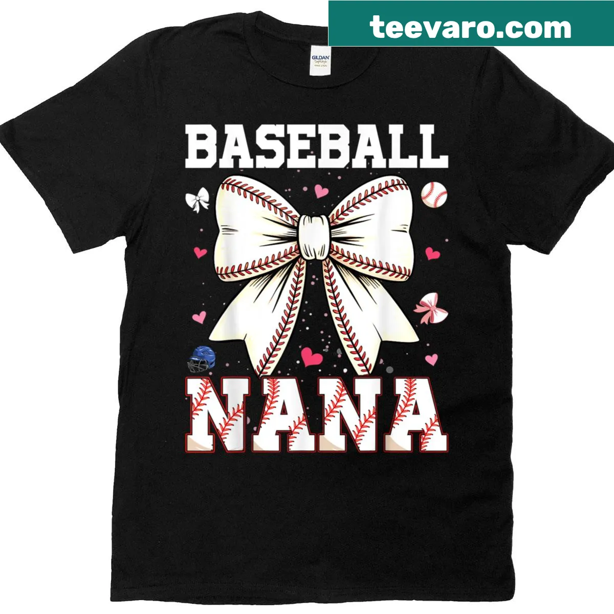 Illustration of a bow and sports-themed text for a Baseball Nana t-shirt — on a men's t-shirt