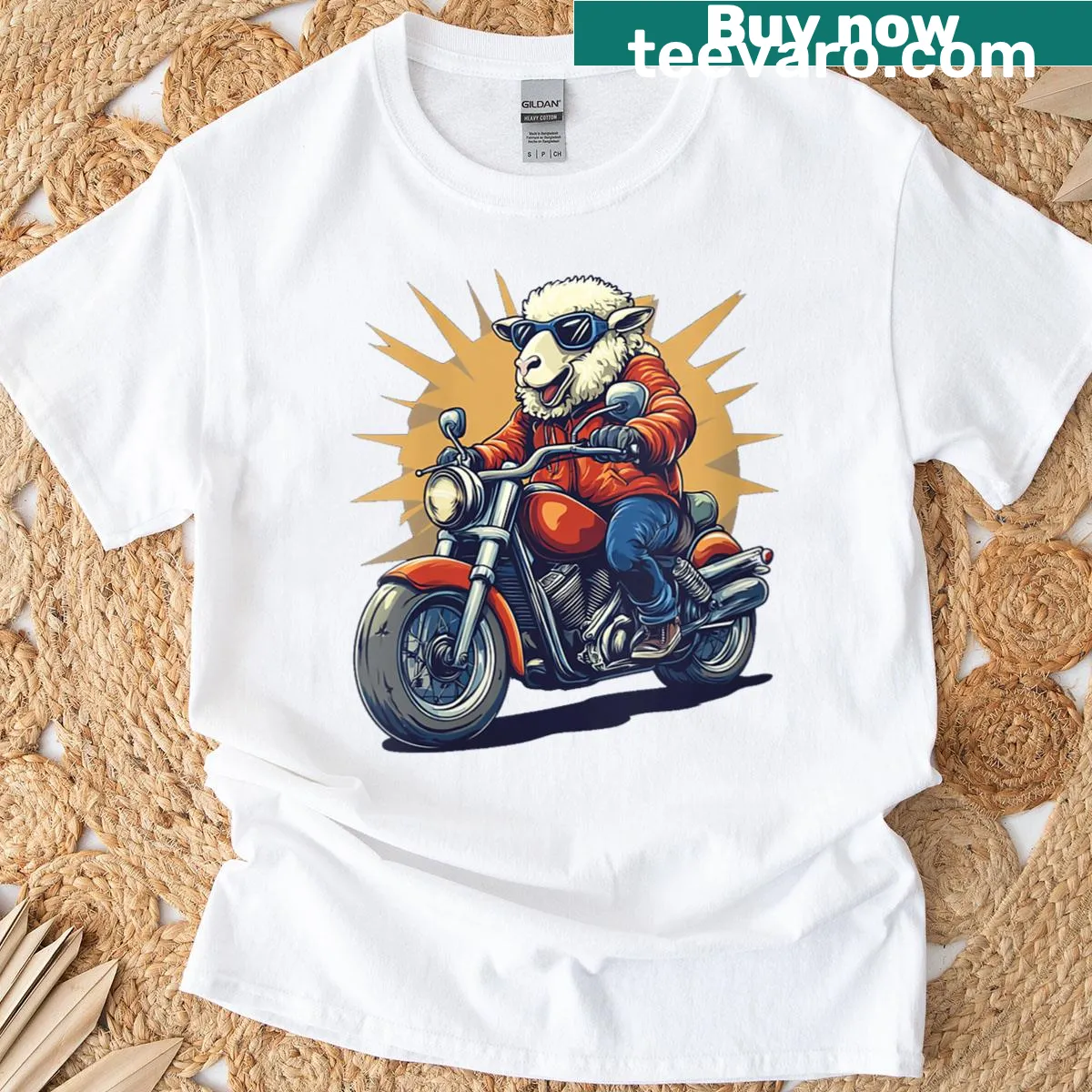 Funny t-shirt featuring a sheep dressed as a motorbiker — on a men's t-shirt