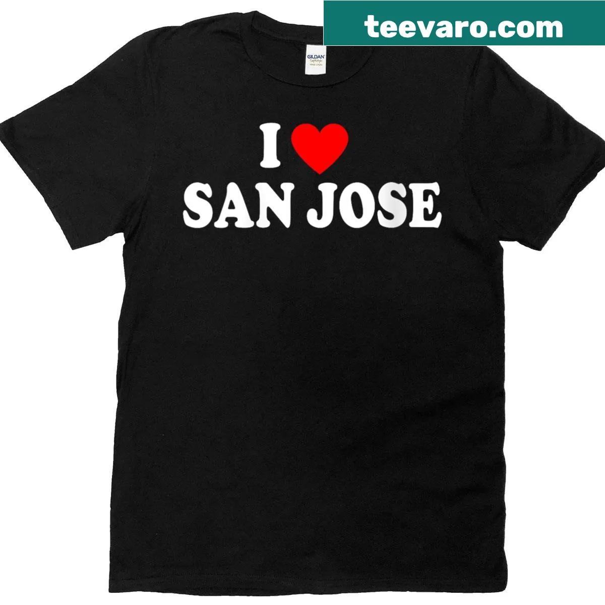 Text graphic reading 'I Heart San Jose' on a women's t-shirt — on a men's t-shirt