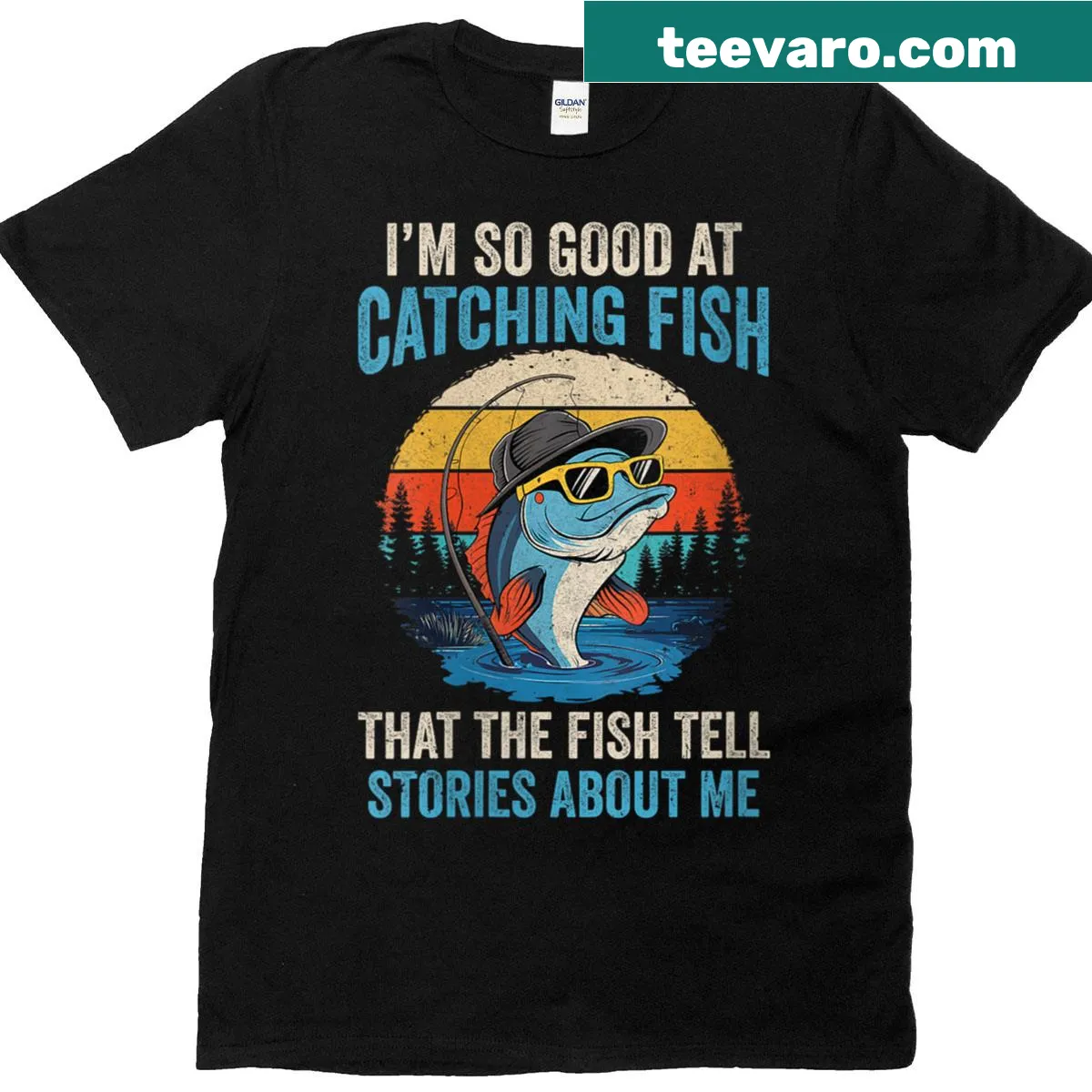Funny fishing-themed t-shirt with text about telling fish stories — on a men's t-shirt