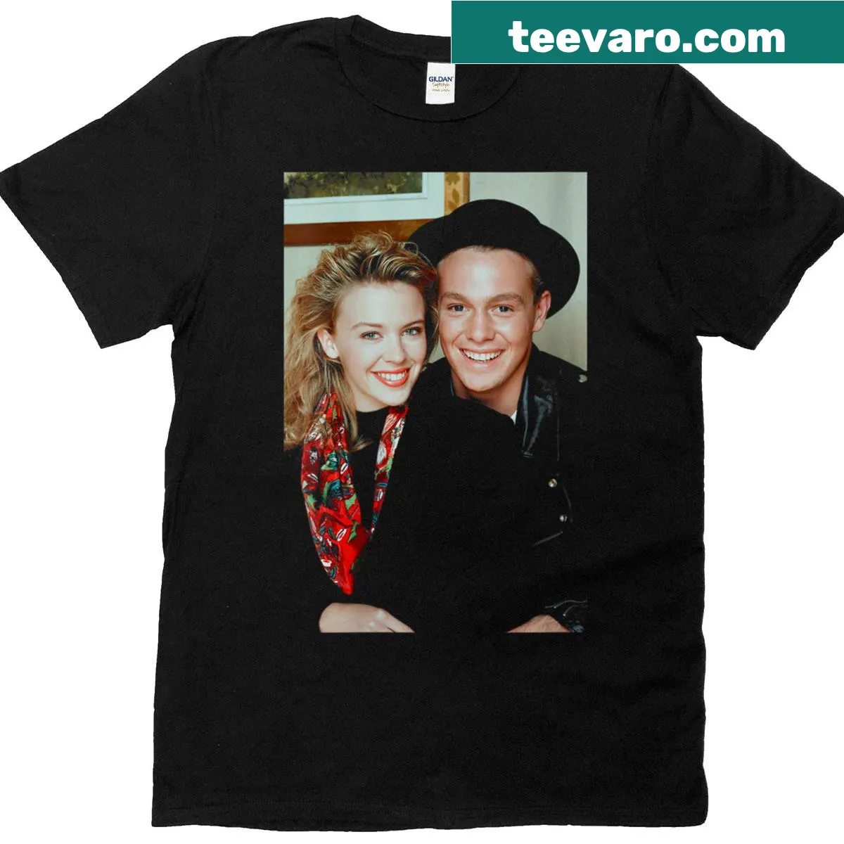 Nostalgic t-shirt featuring Kylie Minogue and Jason Donovan names — on a men's t-shirt