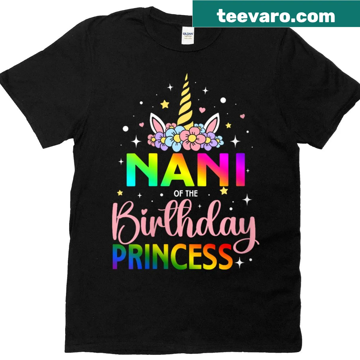 Womens T-shirt for Nani featuring unicorn graphic and birthday theme — on a men's t-shirt