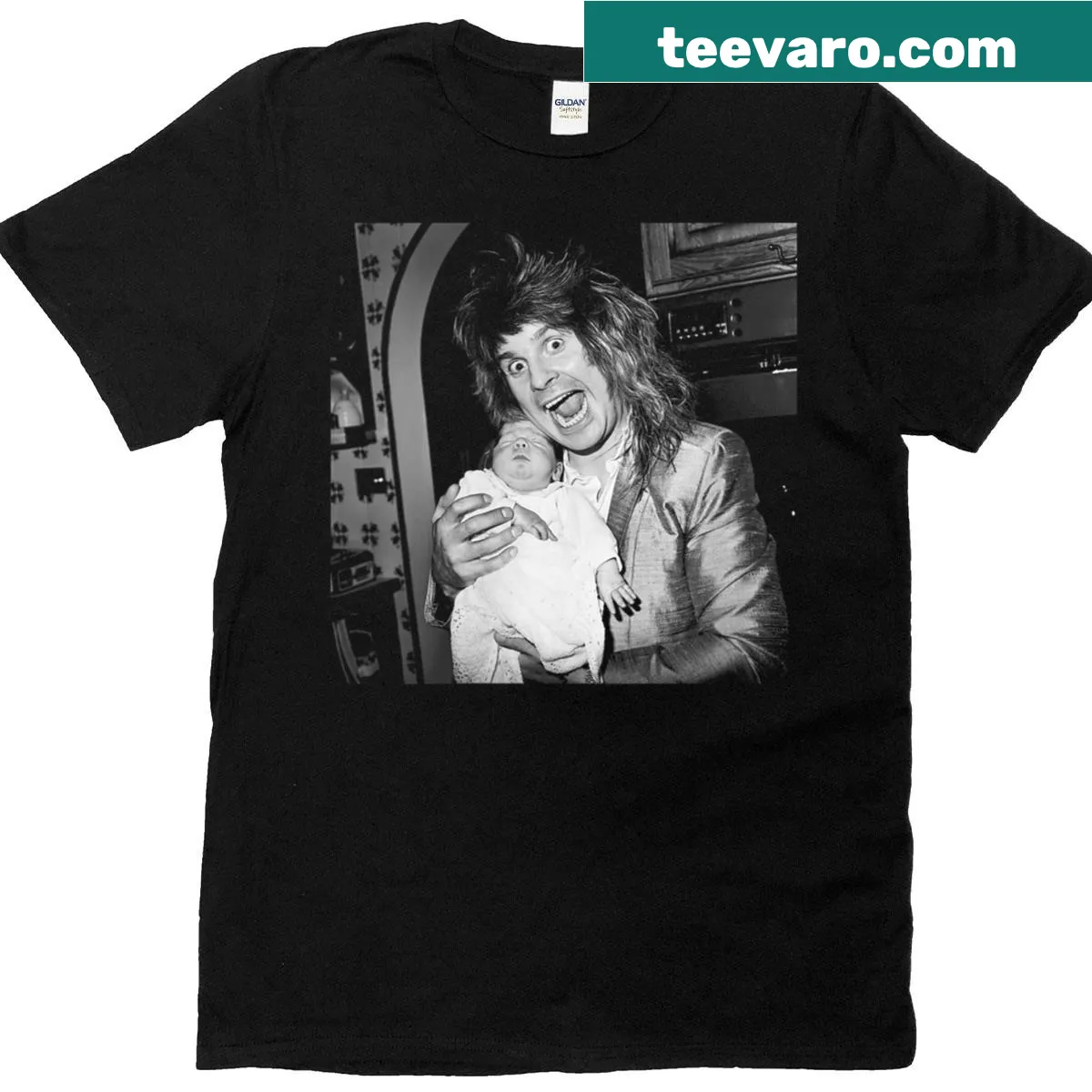 Vintage-style T-shirt featuring Ozzy Osbourne with baby Jack graphic — on a men's t-shirt