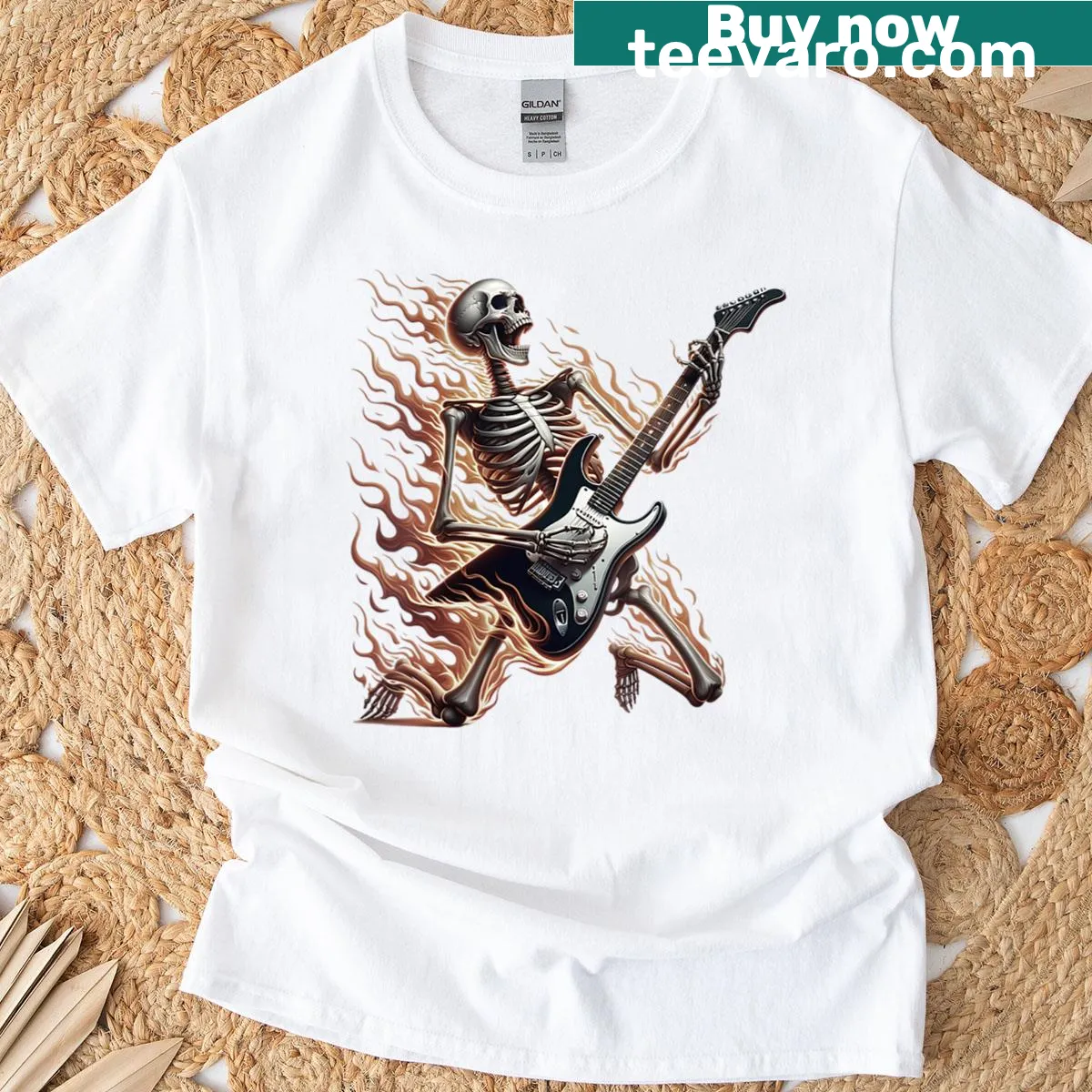 Edgy t-shirt with a skull skeleton playing guitar in metal style — on a men's t-shirt