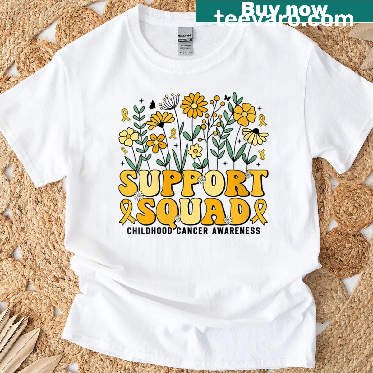 Vintage-style T-shirt with wildflowers and awareness message for childhood cancer — on a men's t-shirt