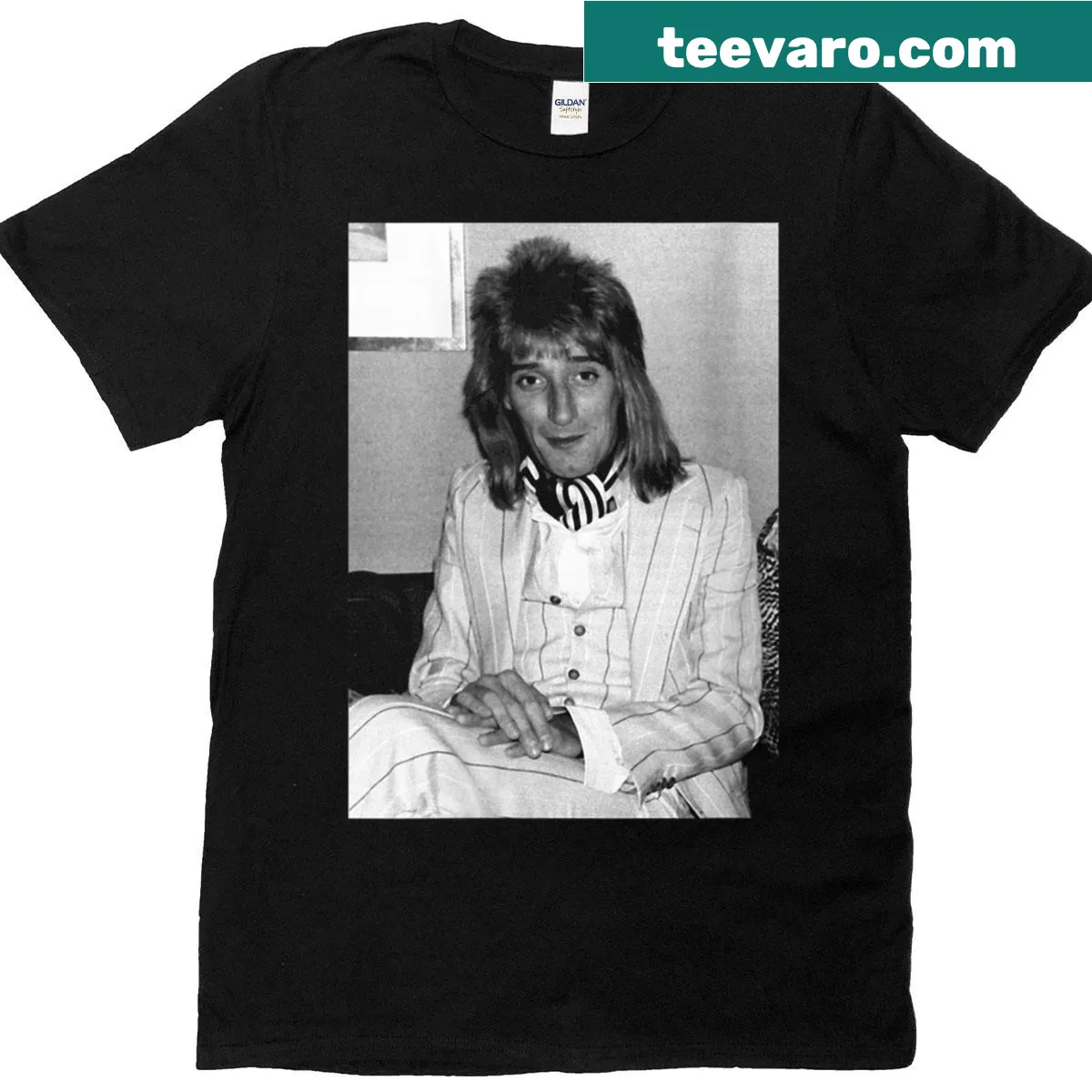 Rod Stewart singer portrait illustration on women's 1977 tee — on a men's t-shirt