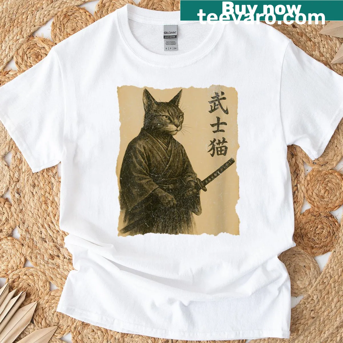 Vintage Samurai cat with katana T-shirt for women — on a men's t-shirt