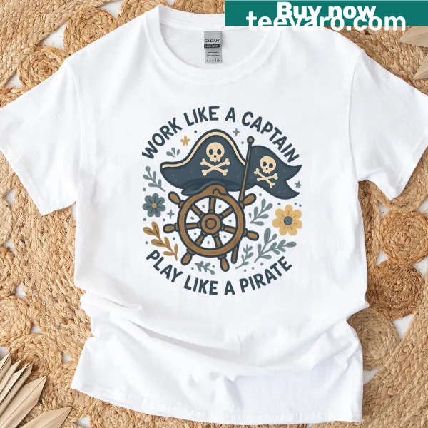 Nautical T-shirt with playful text about captains and pirates