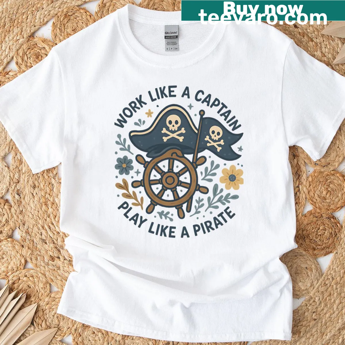Nautical T-shirt with playful text about captains and pirates — on a men's t-shirt