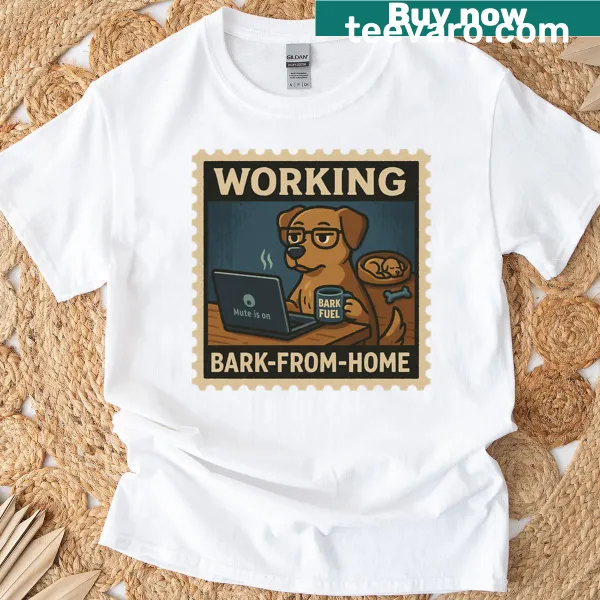 Funny T-shirt with a dog and 'bark-from-home' text