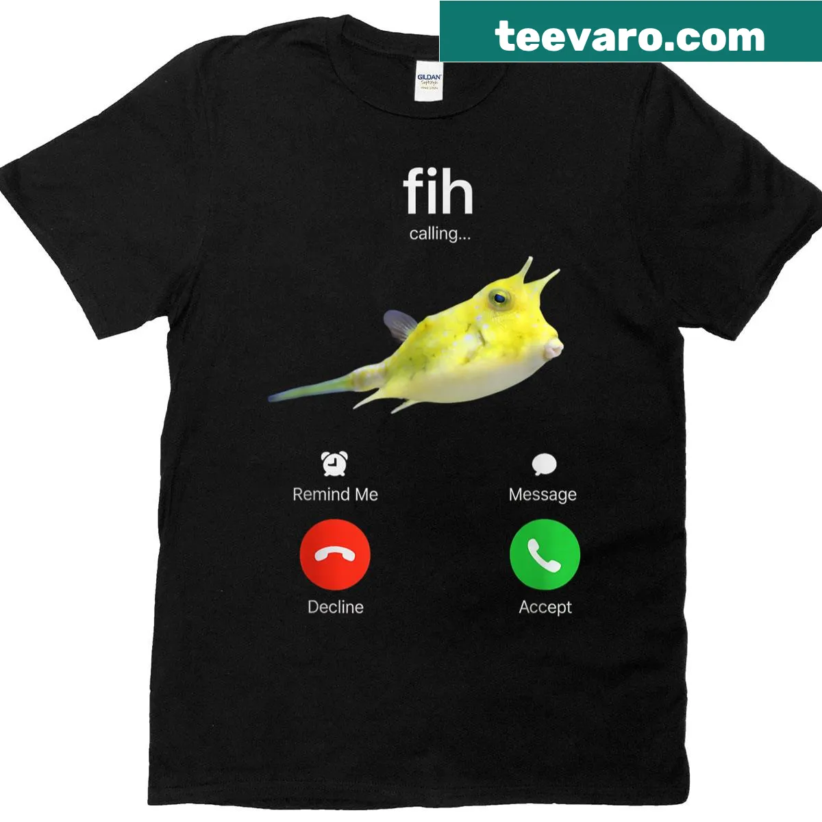 Funny cartoon t-shirt featuring a yellow boxfish and joke about calls. — on a men's t-shirt