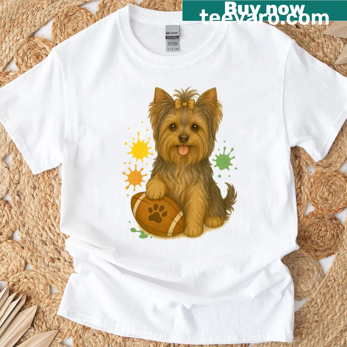Illustration of a Yorkshire Terrier with paw prints for a T-shirt — on a men's t-shirt