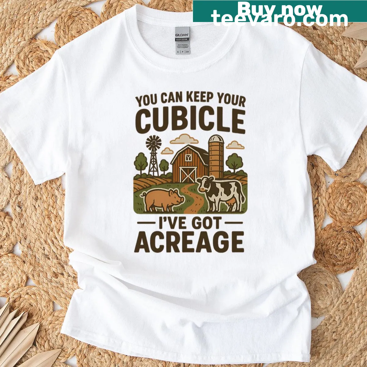 Funny farm life T-shirt with text about preferring acreage over cubicles — on a men's t-shirt