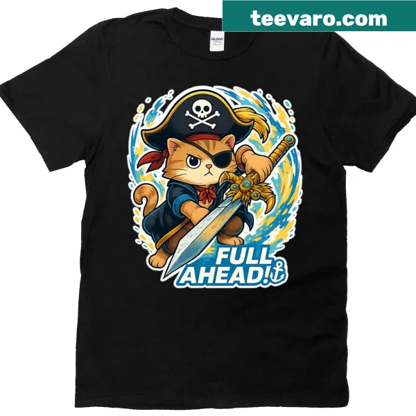 Cartoon pirate cat illustration on a playful t-shirt.
