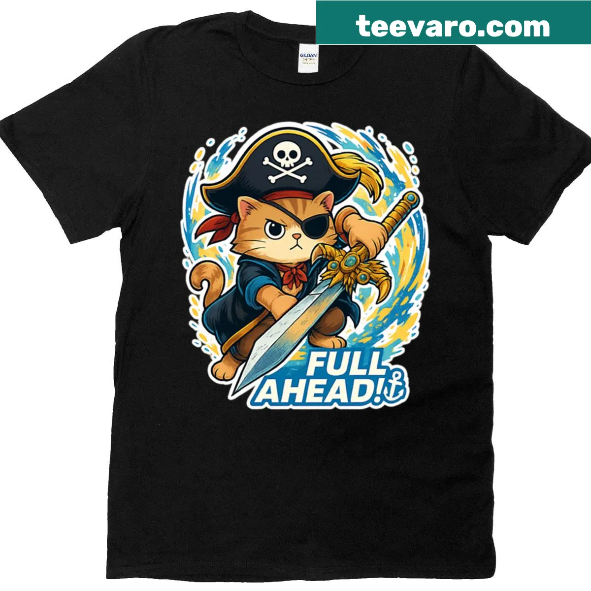 Cartoon pirate cat illustration on a playful t-shirt. — on a men's t-shirt
