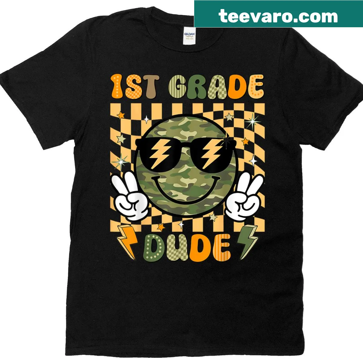 Cartoon smiley face and camo design for a boy’s T-shirt — on a men's t-shirt