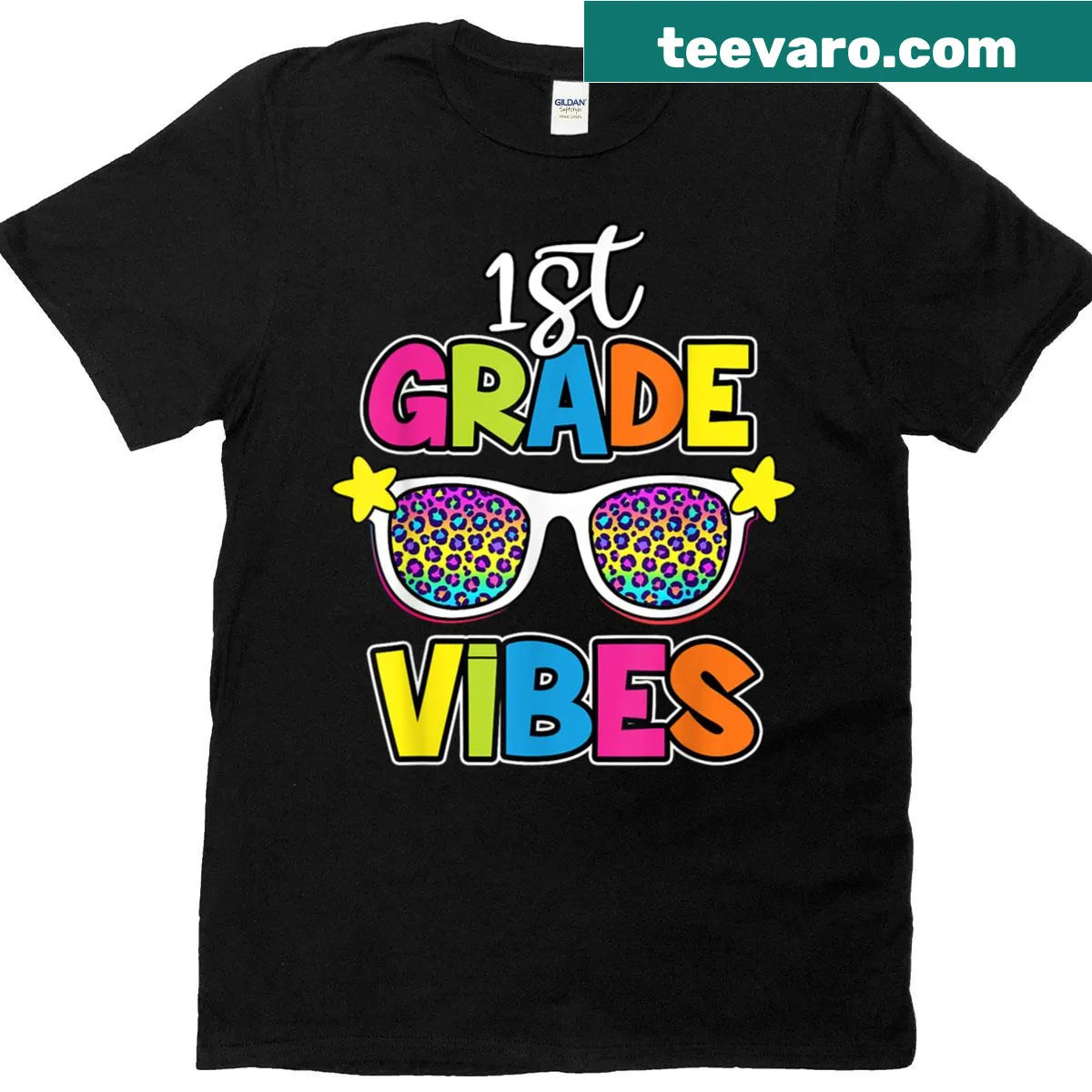 Illustrated sunglasses and '1st Grade Vibes' text for a T-shirt — on a men's t-shirt