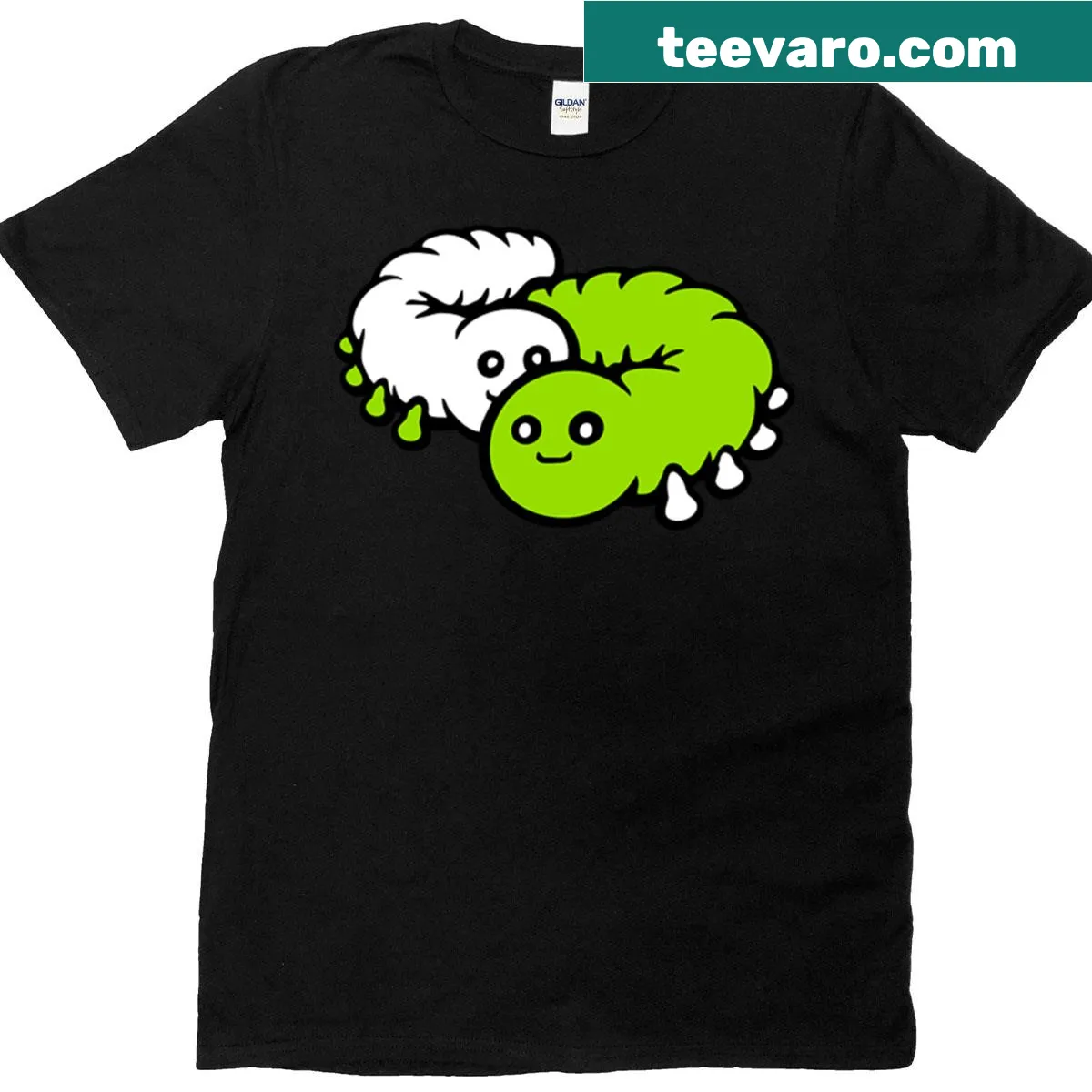 Cute T-shirt featuring two cartoon caterpillars in a friendly embrace — on a men's t-shirt