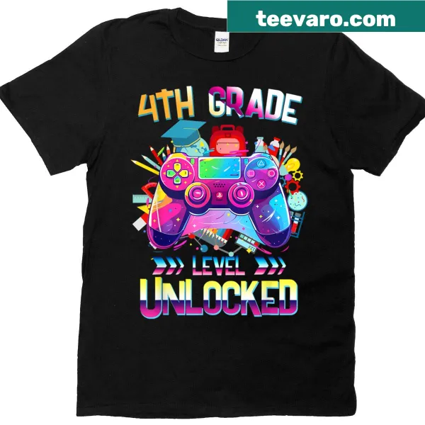 Playful T-shirt featuring '4th Grade Level Unlocked' in video game style