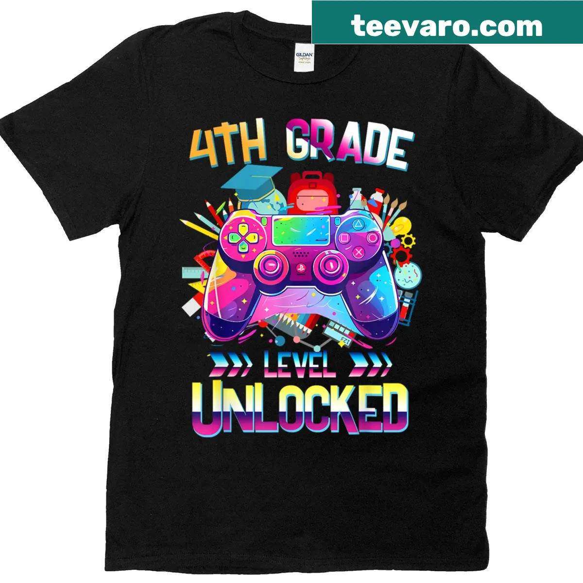 Playful T-shirt featuring '4th Grade Level Unlocked' in video game style — on a men's t-shirt