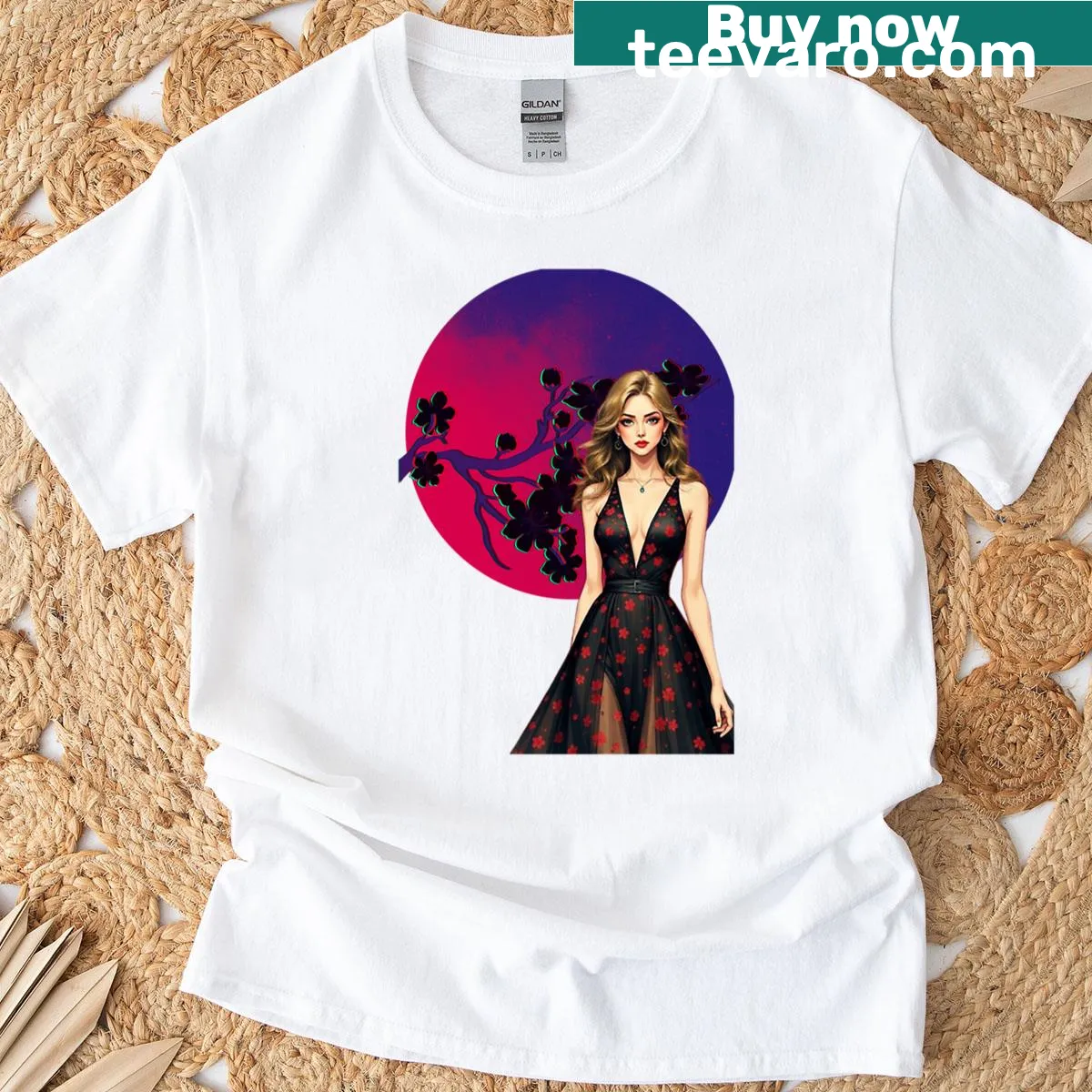 T-shirt featuring a woman in a dress before a full moon — on a men's t-shirt