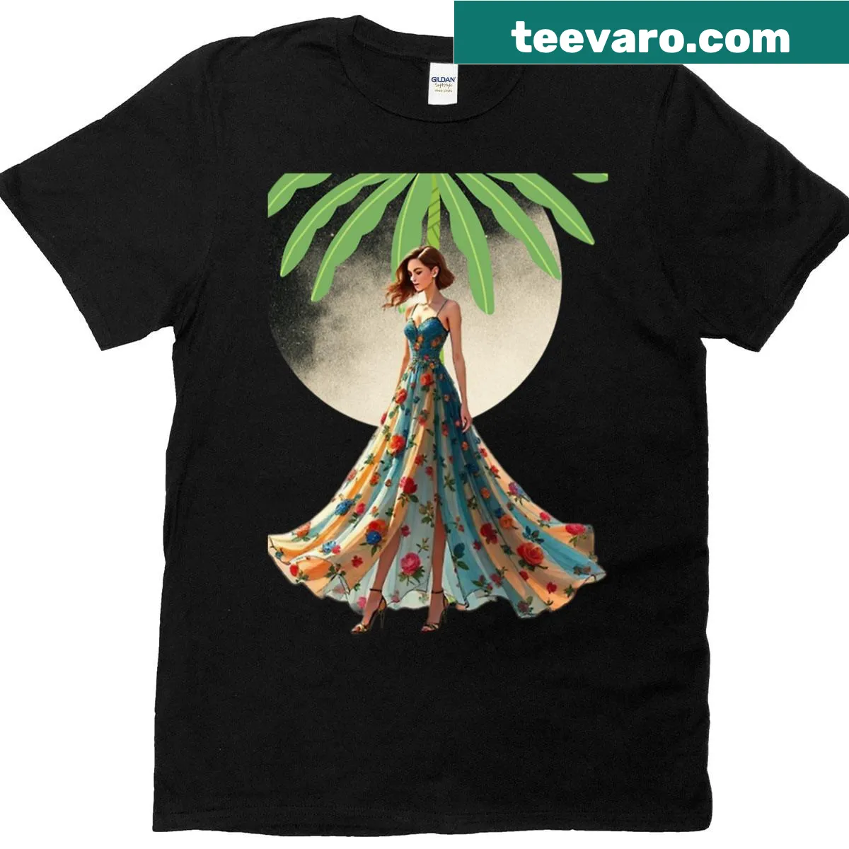 T-shirt depicting a woman in a floral dress by a palm tree — on a men's t-shirt
