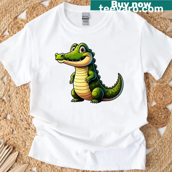 Cartoon crocodile illustration on a kids' t-shirt.