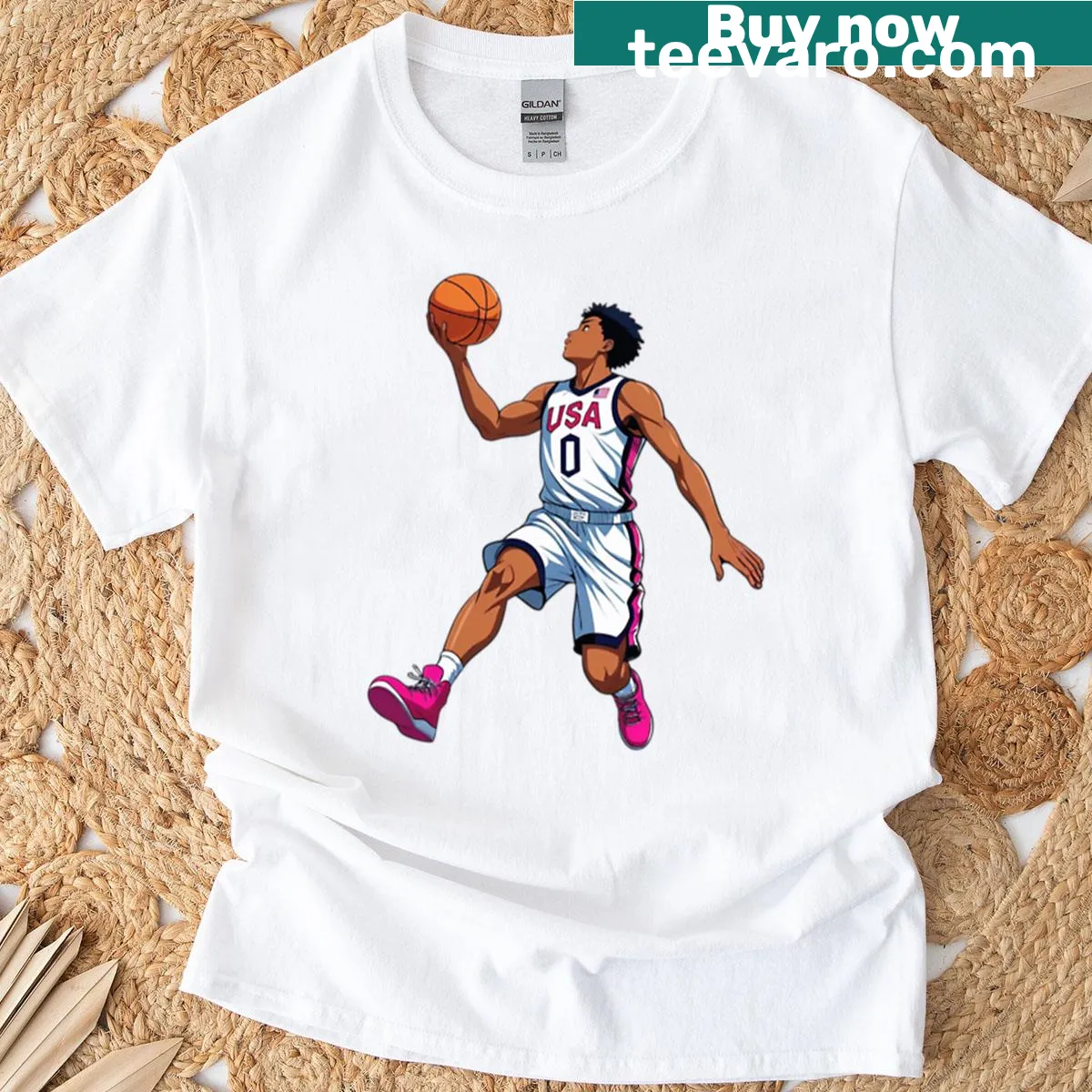 American Basketball Player T-shirt in a classic jersey design with USA colors. — on a men's t-shirt