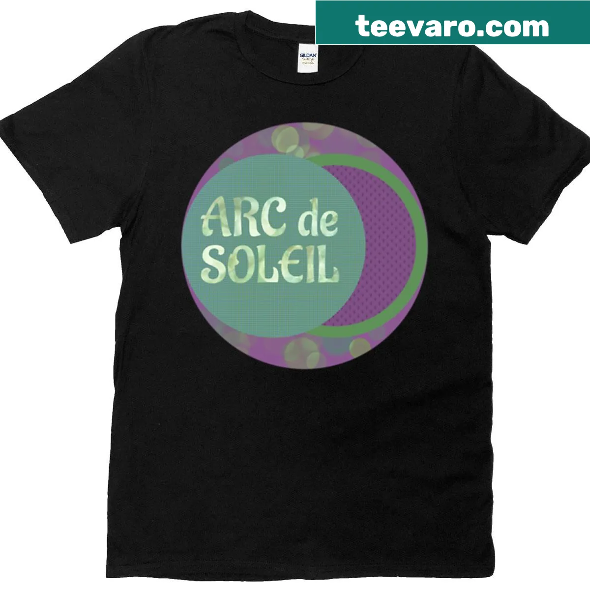 Illustrated Arc De Soleil t-shirt design featuring a sunrise arc — on a men's t-shirt