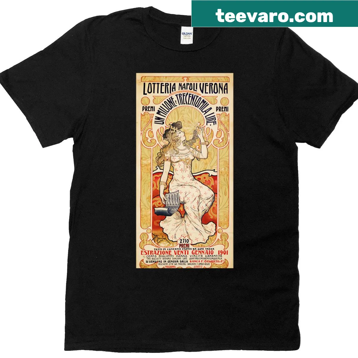 Art Nouveau design featuring elegant typography for Lotteria Napoli Verona. — on a men's t-shirt