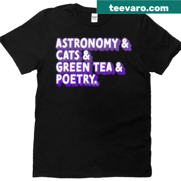 Illustrated T-shirt featuring astronomy cats with tea
