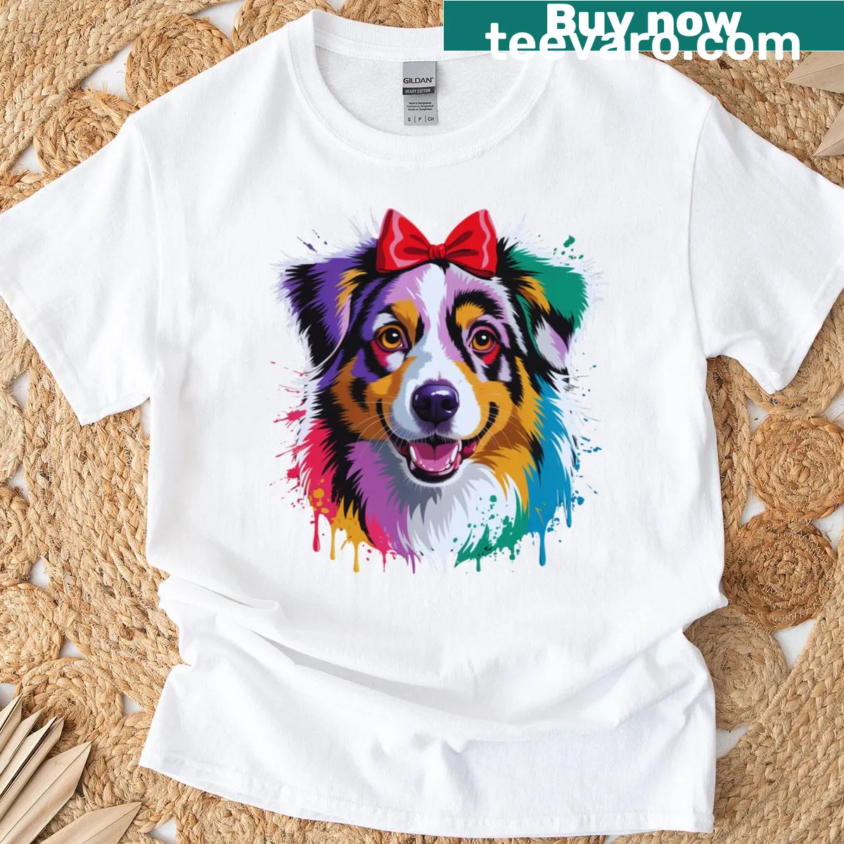 Watercolor illustration of an Australian Shepherd on t-shirt — on a men's t-shirt