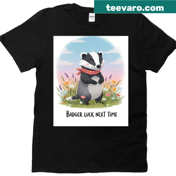 Whimsical T-shirt featuring a badger and the phrase 'Luck Next Time'