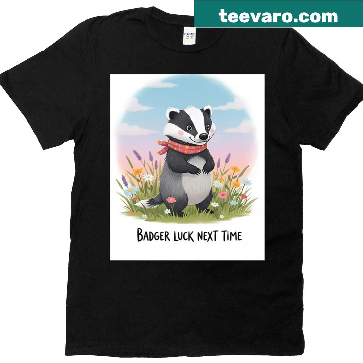 Whimsical T-shirt featuring a badger and the phrase 'Luck Next Time' — on a men's t-shirt