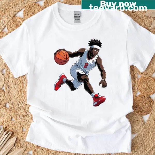 Anime-style basketball player dribbling on T-shirt