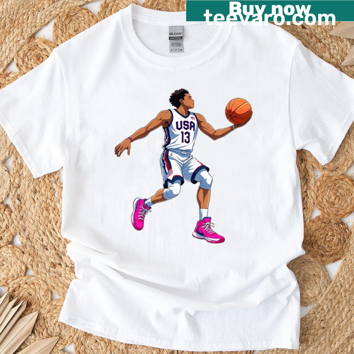 Basketball player T-shirt with a white jersey and pink shoes design — on a men's t-shirt