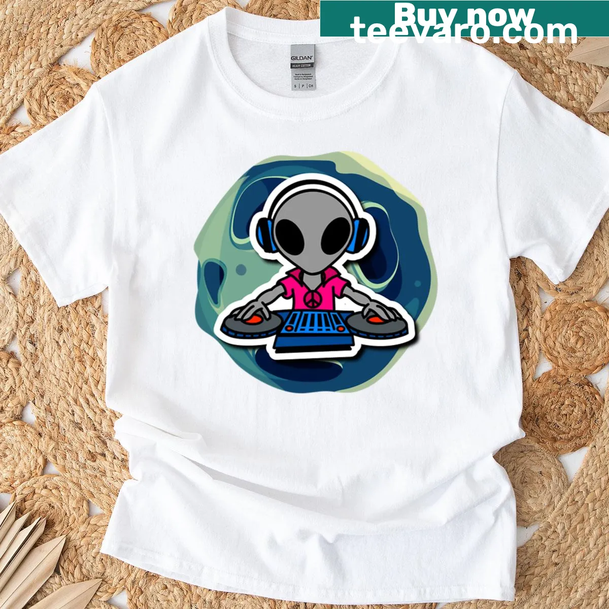 Bass fish against a moon background t-shirt design — on a men's t-shirt