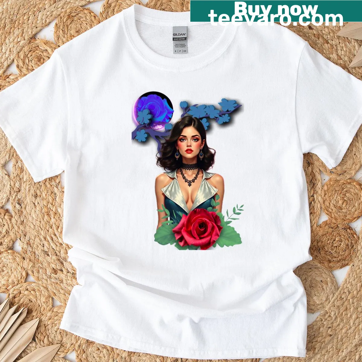 Fantasy art t-shirt featuring a beautiful necromancer girl portrait. — on a men's t-shirt