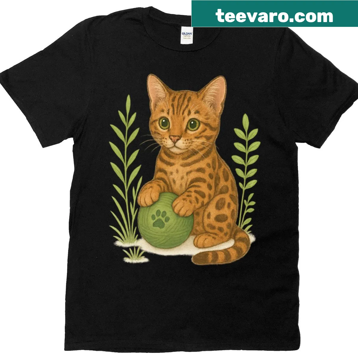 Illustration of a Bengal cat with a green ball and plants — on a men's t-shirt