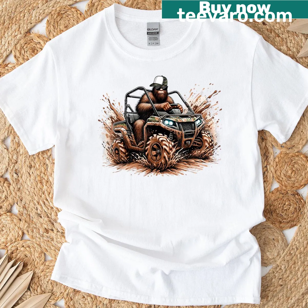 Bigfoot in a side-by-side vehicle illustration — on a men's t-shirt